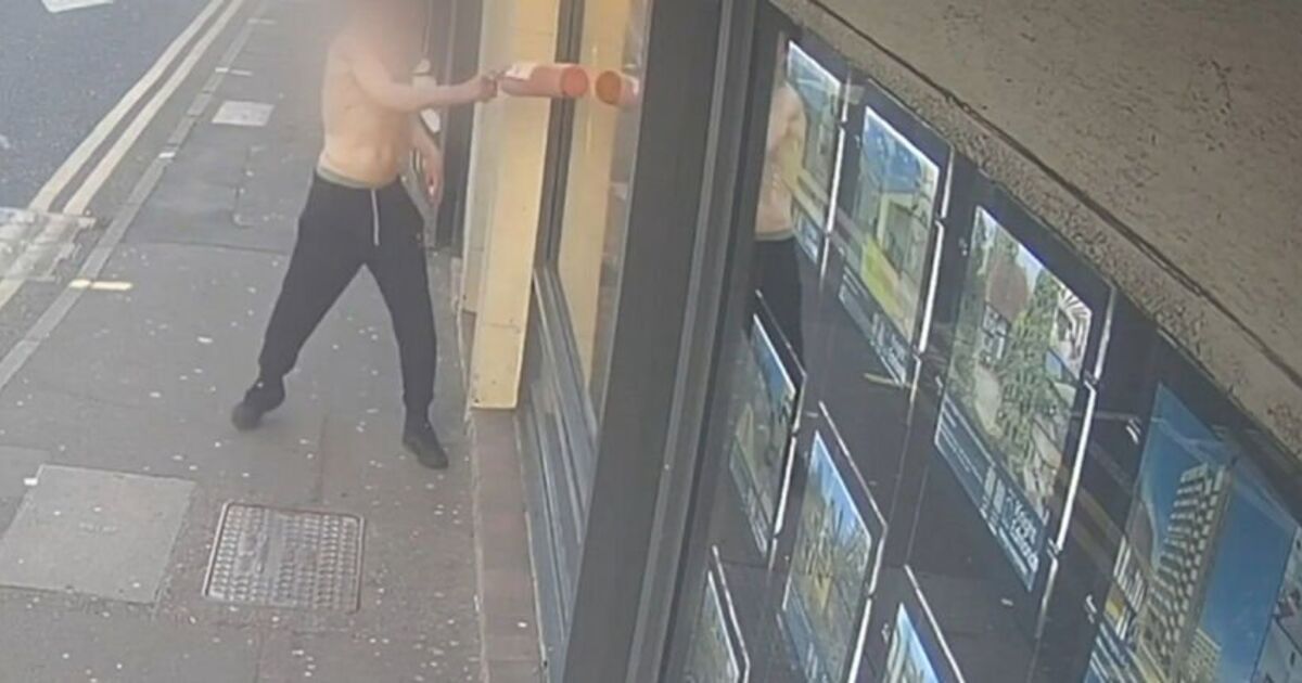 Topless yob on window smashing rampage in town centre causes thousands in damages