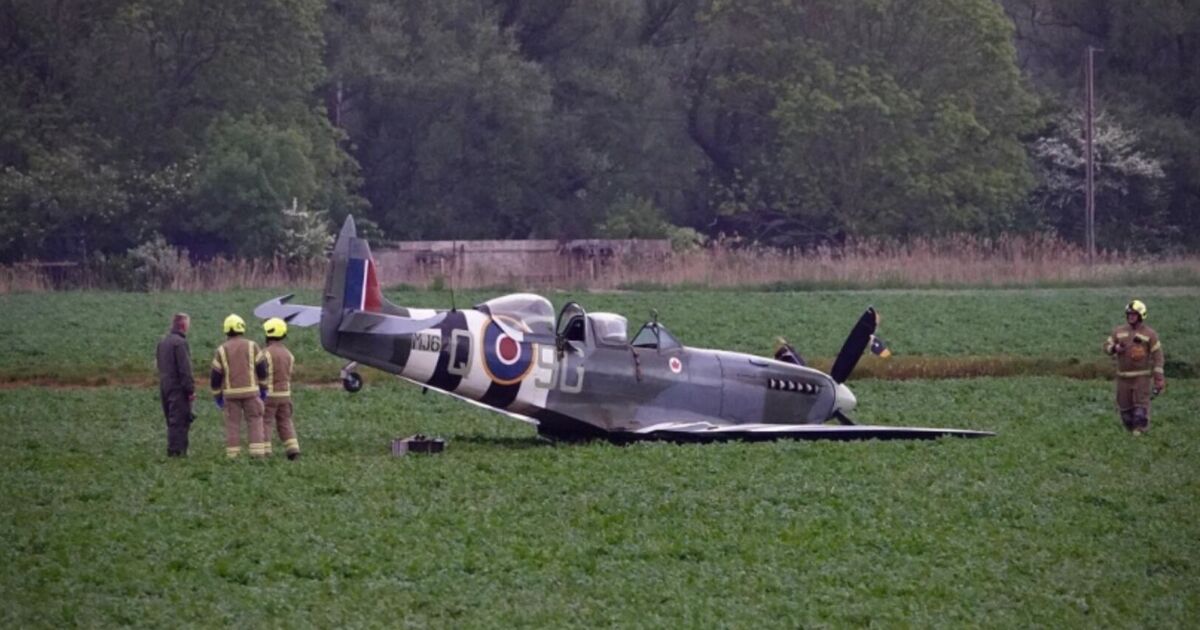 Chaos as WW2 Spitfire crashes in UK village narrowly dodging power lines